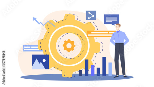 Man standing next to a large gear, symbolizing industry, engineering, innovation. Ideal for presentations, websites, and articles on technology.