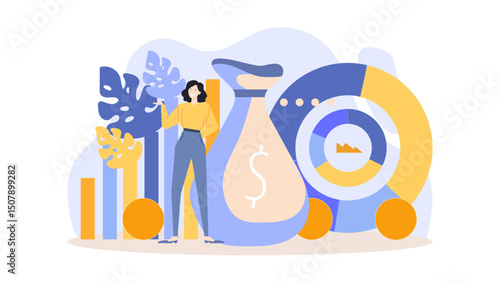 Woman holding money bag and charts. Suitable for finance, business, investment concepts. Ideal for financial presentations, websites, and marketing materials.