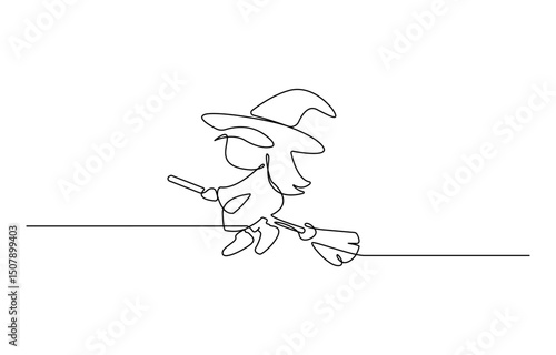 Continuous one line drawing of witch flying on broom. Simple vector illustration, flying broom to the night sky Halloween spooky concept one line vector illustration.