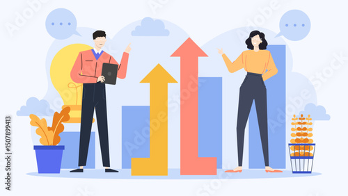 Two people celebrating success with arrows pointing upwards, perfect for illustrating achievement, growth, victory, teamwork, success, and motivation.