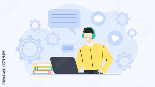 Man in tech gear working at laptop suitable for technology, call center, tech support or work from home concepts.