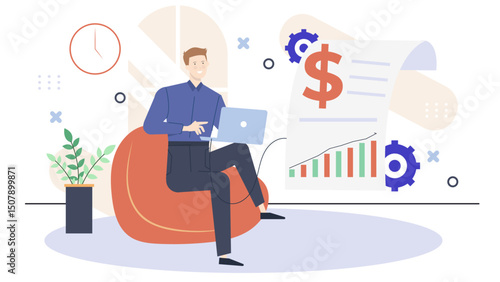 Businessman analyzing data on a beanbag chair.