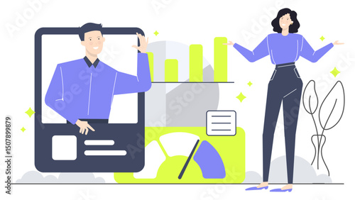 Man discusses business data over a call with a woman by a graph. Suitable for communications, teamwork, business analytics concepts.