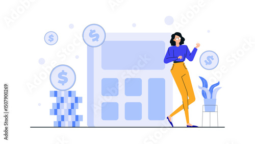 The image shows a woman holding dollar signs and a calculator, ideal for finance, budgeting, accounting, or businessthemed designs.