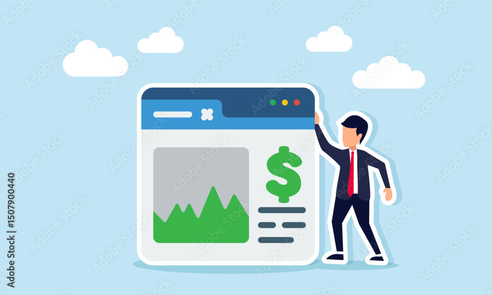 Businessman standing beside an app interface showing a graph and dollar sign illustration of digital business financial monitoring and analysis Businessman standing beside an app interface showing a graph and dollar sign illustration of digital business financial monitoring and analysis