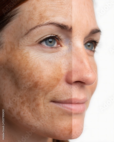 Before and after melasma and dark spot treatment, female skin close-up, isolated on white. Effective skincare transformation.