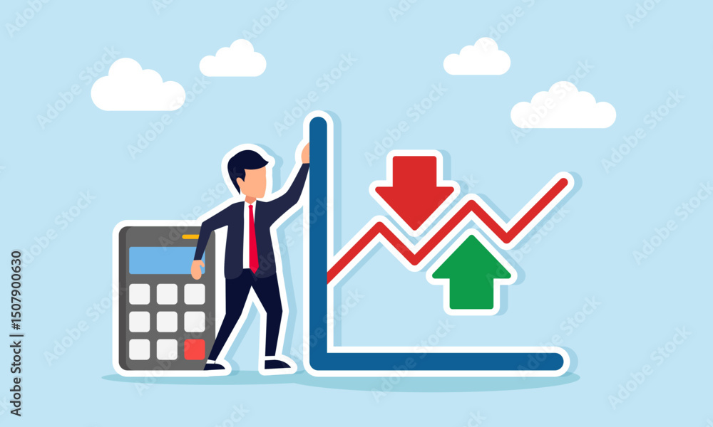 Businessman standing between a calculator and a fluctuating line chart illustration of business risk calculation Businessman standing between a calculator and a fluctuating line chart illustration of business risk calculation
