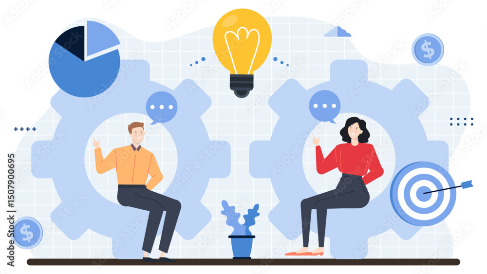 Creative concept of people in cloud gears with a lightbulb and target. Ideal for innovation, teamwork, brainstorming, and strategy graphics. Creative concept of people in cloud gears with a lightbulb and target. Ideal for innovation, teamwork, brainstorming, and strategy graphics.
