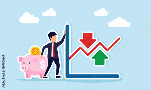 Businessman standing between piggy bank and fluctuating line chart illustration of fluctuating financial performance of business investment