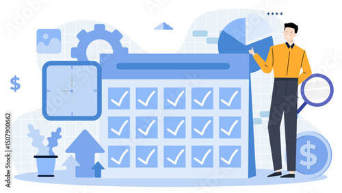 Organized man stands by calendar with check marks and coin, suitable for financial planning, scheduling success, time management concepts.