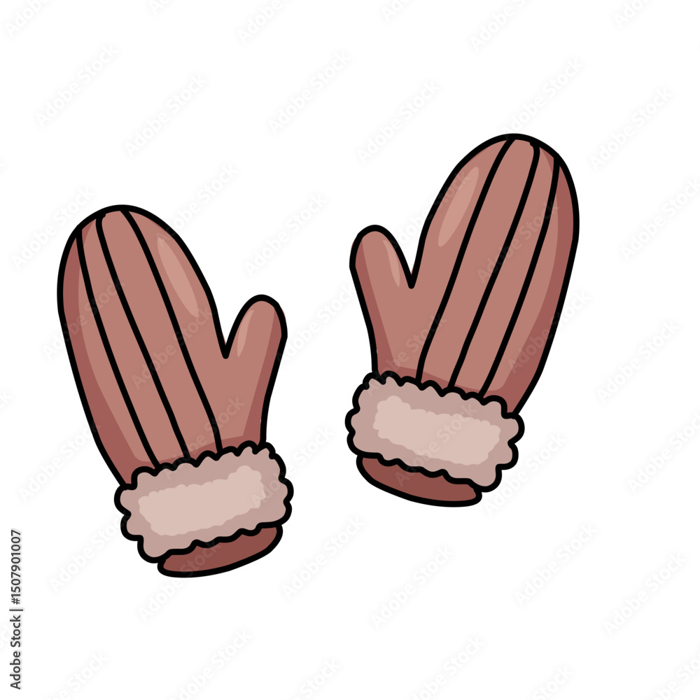 Obraz premium A cozy pair of winter gloves with a soft furry lining. Hand-drawn in a cute vector style, perfect for cold weather, seasonal designs, and fashion accessories