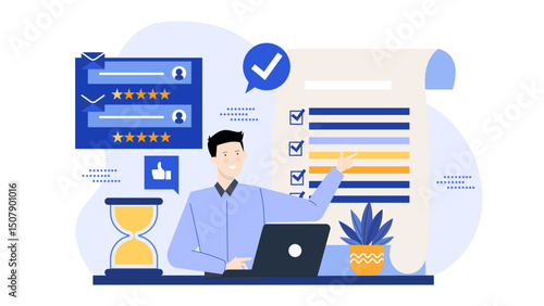 Man using a laptop to complete a checklist. Perfect for business, productivity, work from home, technology, organization concepts.