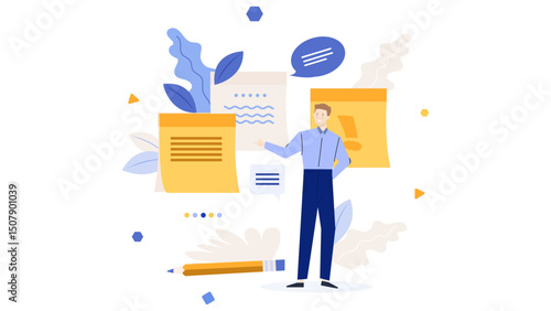 a man standing and showing business document, business illustration
