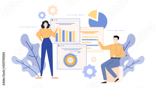 Two people analyzing data on a chart and a pie chart. Suitable for business presentations, finance reports, and market analysis.