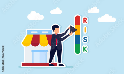 Businessman standing near a store adjusting risk level indicators illustration of risk calculation for marketplace business