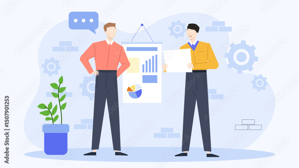 Two men presenting charts and graphs suitable for business presentations, financial reports, data analysis, teamwork concepts, and corporate meetings. Two men presenting charts and graphs suitable for business presentations, financial reports, data analysis, teamwork concepts, and corporate meetings.