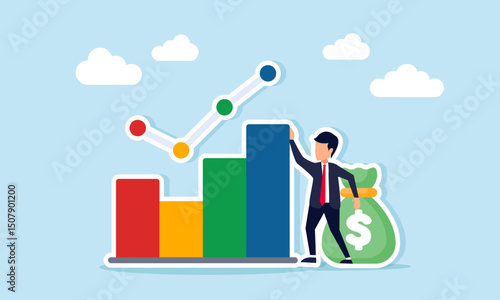 Businessman standing between charts and money bags illustration of financial or currency performance progress