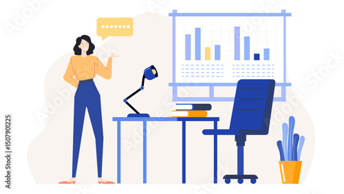 Woman standing by desk with lamp, books, chair. Perfect for office, education, business, work, study, interior design concepts.