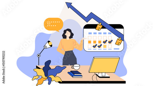 Professional woman working at a desk with calendar and computer. Suitable for business, planning, organization, productivity, and time management concepts.