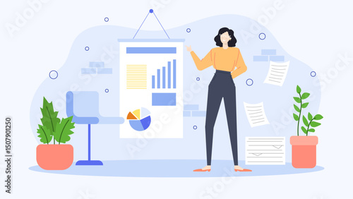 Woman presenting data with charts and graphs, suitable for business, marketing, financial presentations, educational materials, and reports on market trends.