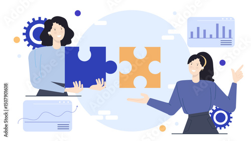 Two women holding puzzle pieces, teamwork concept. Suitable for business collaterals, teambuilding materials, presentations, and advertising campaigns.