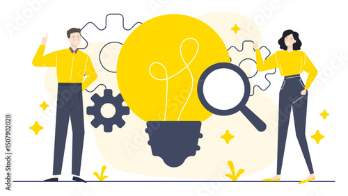 Two people pointing to a lightbulb and magnifying glass. Suitable for illustrating teamwork, innovation, brainstorming, problem solving concepts.