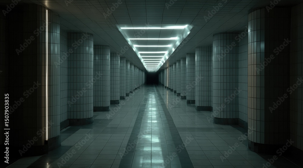 Long, dimly lit subterranean passage with rows of fluted pillars and cool-toned tile flooring, illuminated by linear ceiling lights, creating a vanishing point effect Long, dimly lit subterranean passage with rows of fluted pillars and cool-toned tile flooring, illuminated by linear ceiling lights, creating a vanishing point effect
