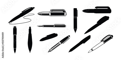 pen black silhouette vector, elegant pen icon set.