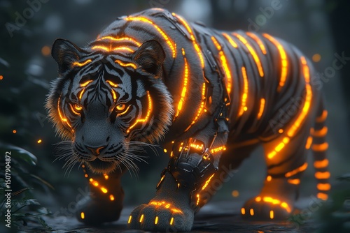 Cybernetic tiger in dark forest