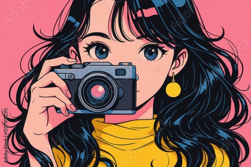 カメラを持つアニメスタイルの若い女性のポートレート