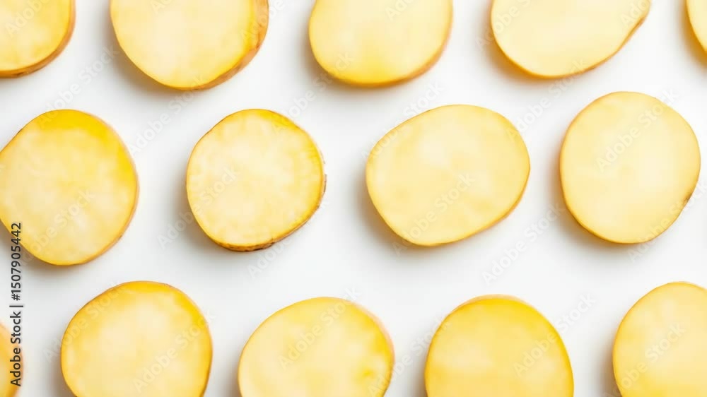 Symmetrical arrangement of potato slices on white background for food photography or culinary design Symmetrical arrangement of potato slices on white background for food photography or culinary design