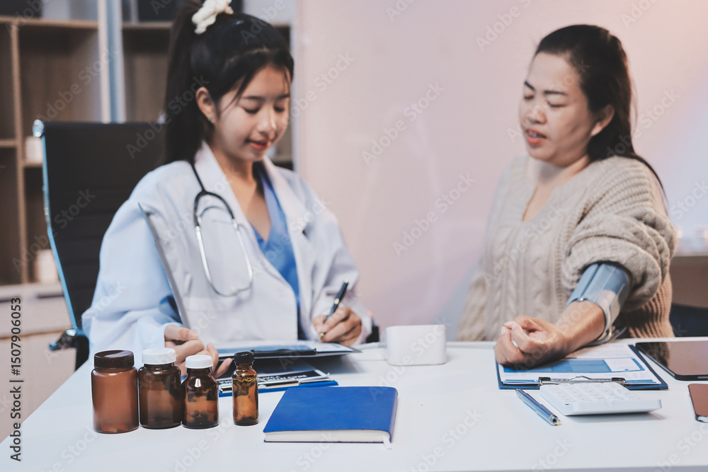 Fototapeta premium Doctor using sphygmomanometer with stethoscope checking blood pressure to a patient in the hospital.