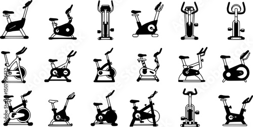 set of Stationary bike silhouette, black and white silhouette, vector and illustration
