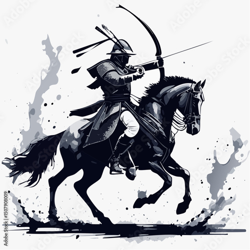 馬上で弓を射る侍の墨絵ベクター