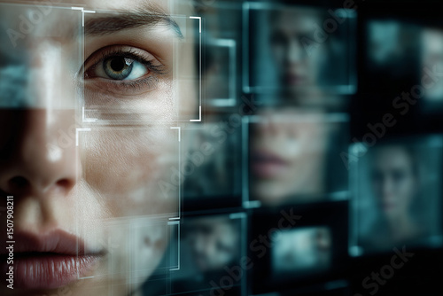 Deepfake cyber attack. Close-up of AI algorithm modifying facial expressions in a digital artwork.