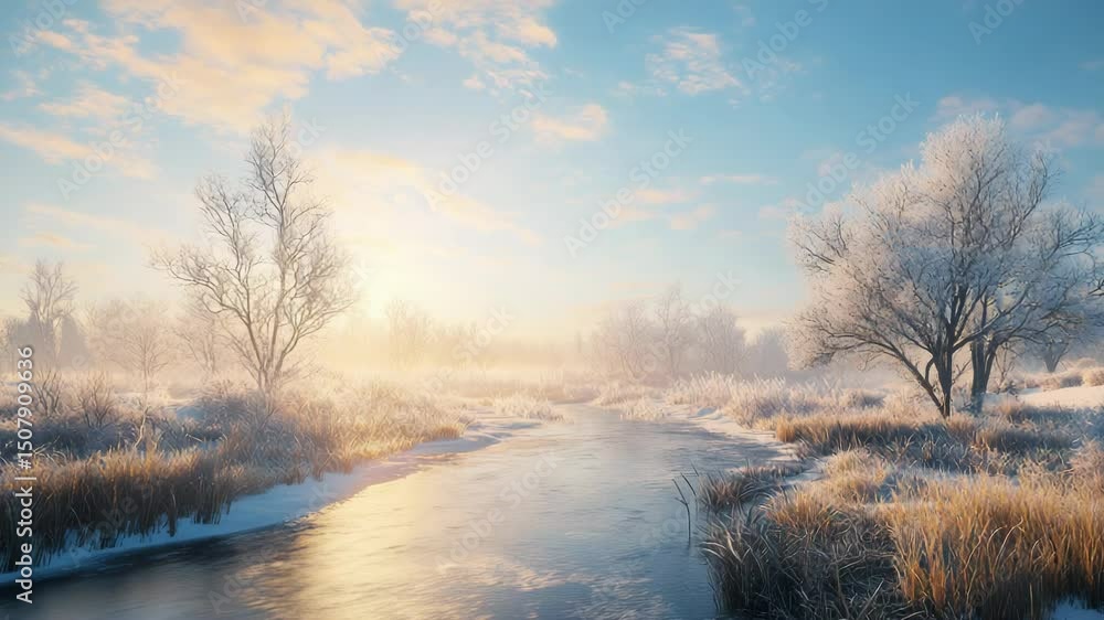 Winter sunrise over a frosty river Winter sunrise over a frosty river
