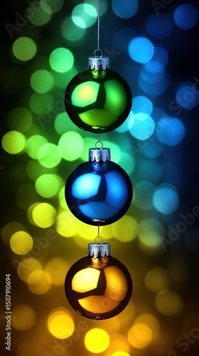 Christmas ornaments, vibrant colors, bokeh background