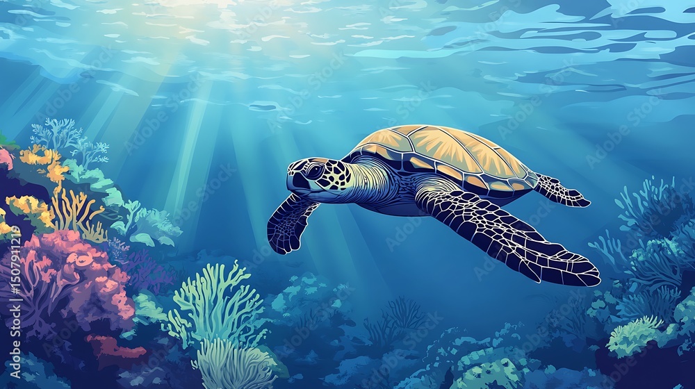 Obraz premium Sea turtle swimming amidst a vibrant coral reef.