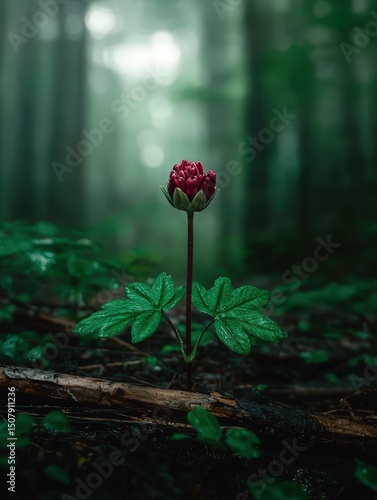 Crimson flower bud emerges in a lush, green forest.