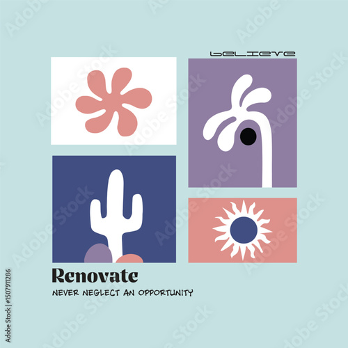 Nature doodle boxes with Renovate quotes for fashion print and graphic