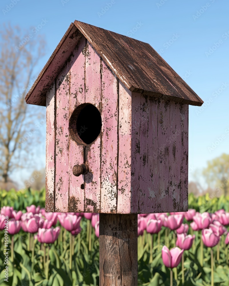 Rustic pink birdhouse stands among vibrant purple tulip flowers. Rustic pink birdhouse stands among vibrant purple tulip flowers.