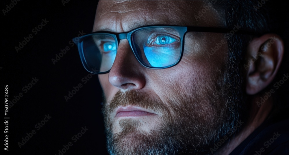 Man with glasses stares intently at a glowing screen. Man with glasses stares intently at a glowing screen.