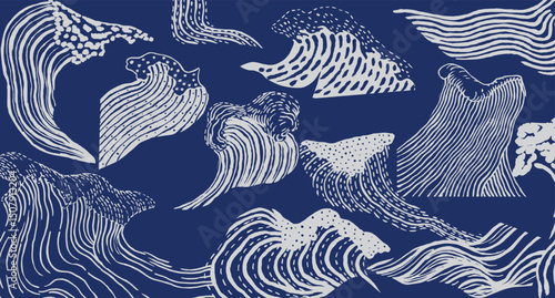 Handcrafted brush lines abstract collage waves background in white and blue, Japanese folk, ethnic wood carving, block print texture pattern, irregular and creative graphic for decoration