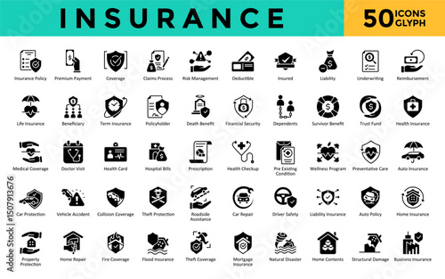 Insurance icons set with insurance policy, premium payment, coverage, claims process, risk management, deductible, insured, liability, underwriting, reimbursement icon. Simple glyph vector 
