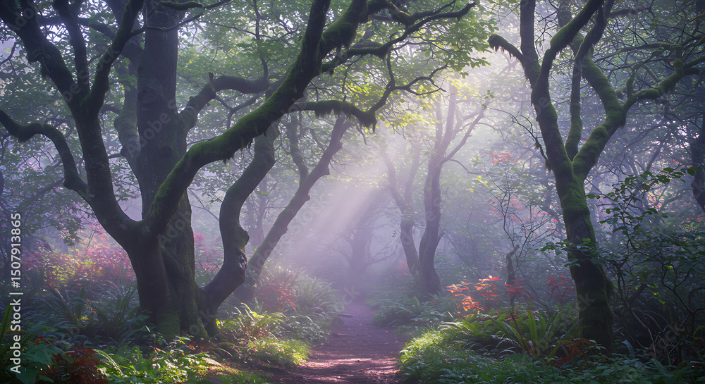 Obraz premium Magical Sunbeams Illuminate Misty Forest Path Mossy Trees Lush Greenery