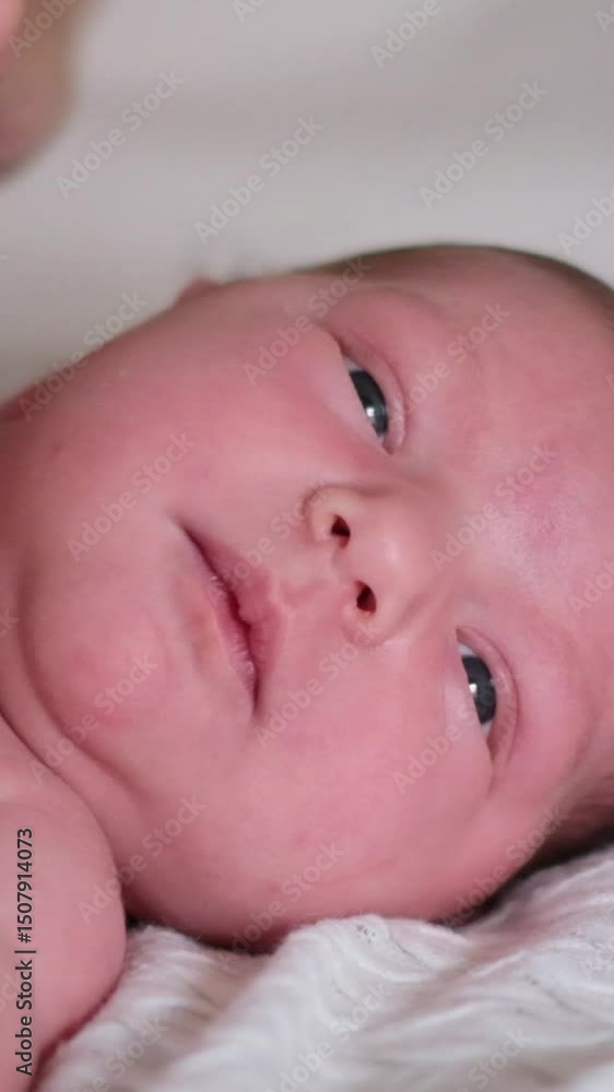 Cute newborn baby resting on a soft blanket, gazing tenderly into the camera. Vertical video Cute newborn baby resting on a soft blanket, gazing tenderly into the camera. Vertical video