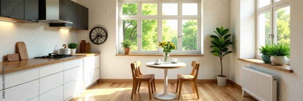 Fototapeta premium Bright airy kitchen, breakfast nook by window, table, cooking, open plan
