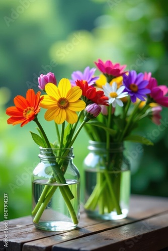 Wallpaper Mural Brightly colored flowers in clear glass vases on rustic wood, garden backdrop , outdoor setting, copy space, vases Torontodigital.ca