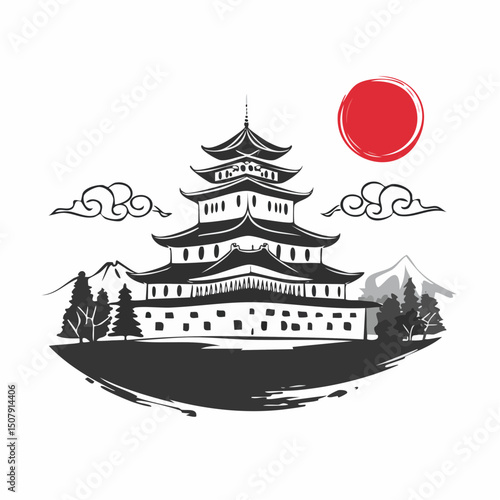 墨絵風の大阪城ベクター風景画