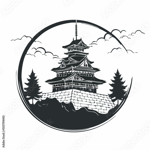 墨絵風の大阪城ベクター風景画